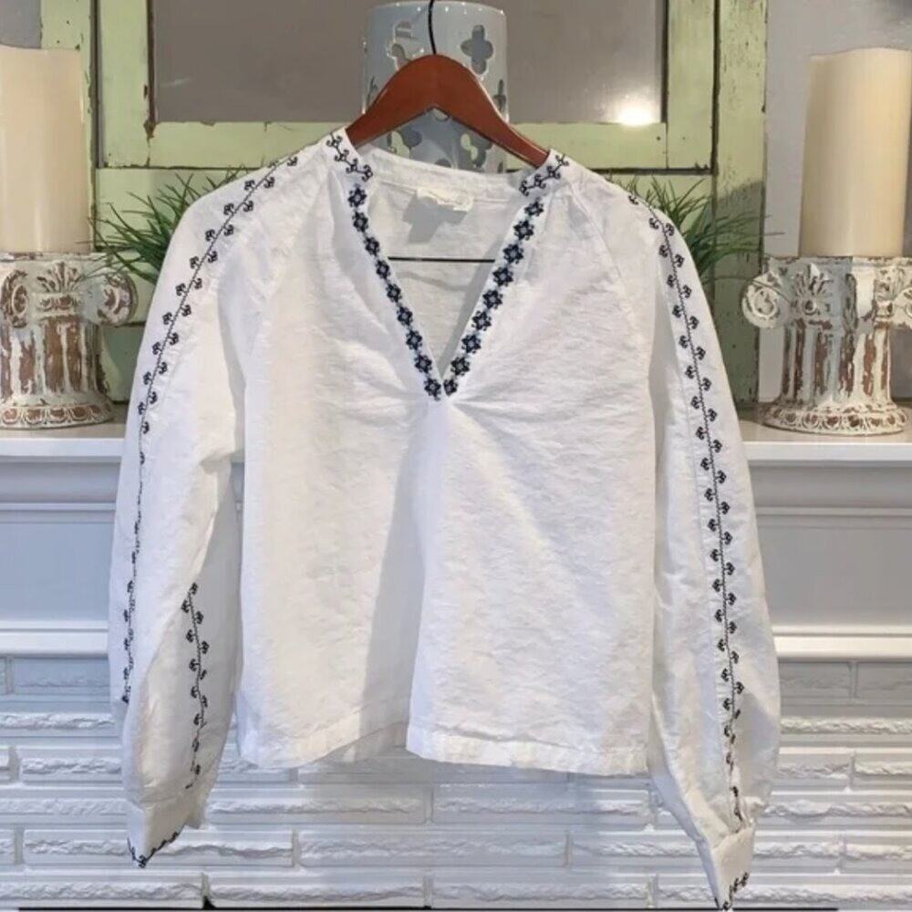 Treasure & Bond White V-Neck Boho Embroidered Long Sleeve Top Small NWT